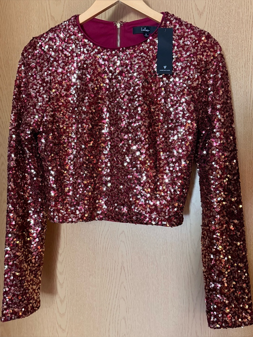 Lulus Crop Top Women's M Burgundy Gold Sequin Sparkly Zip Up Evening Party Shirt